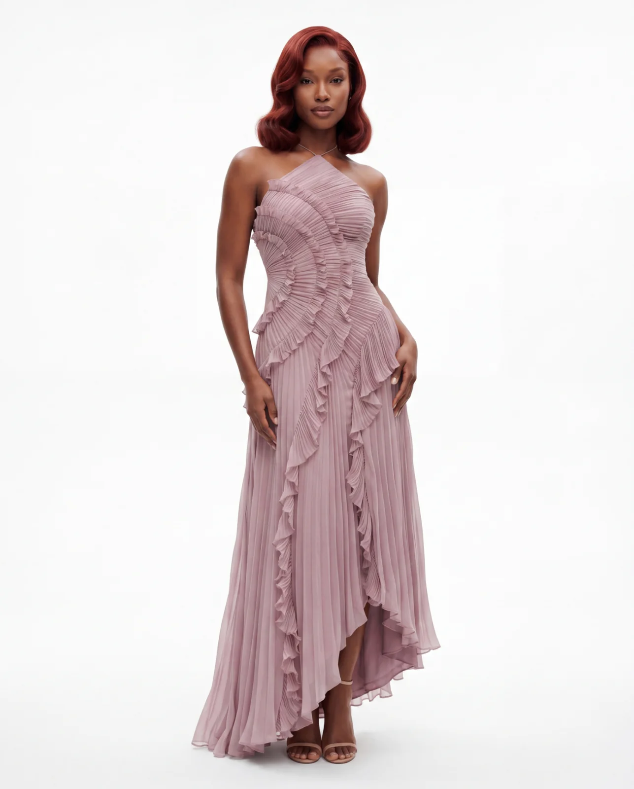 ANNA ONE-SHOULDER PLEATED RUFFLE HIGH-LOW MAXI DRESS