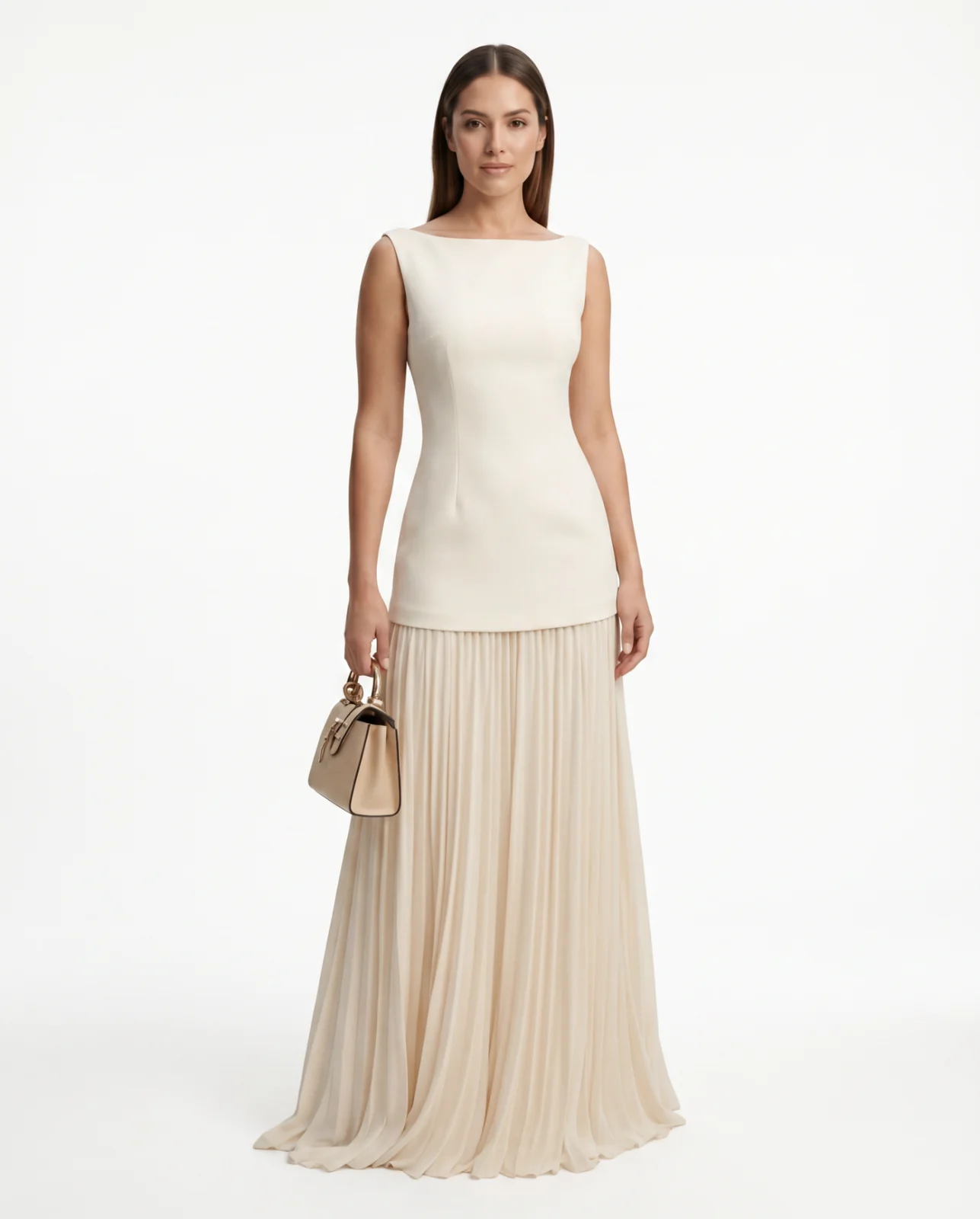 MARIA | BOAT-NECK PLEATED MAXI DRESS