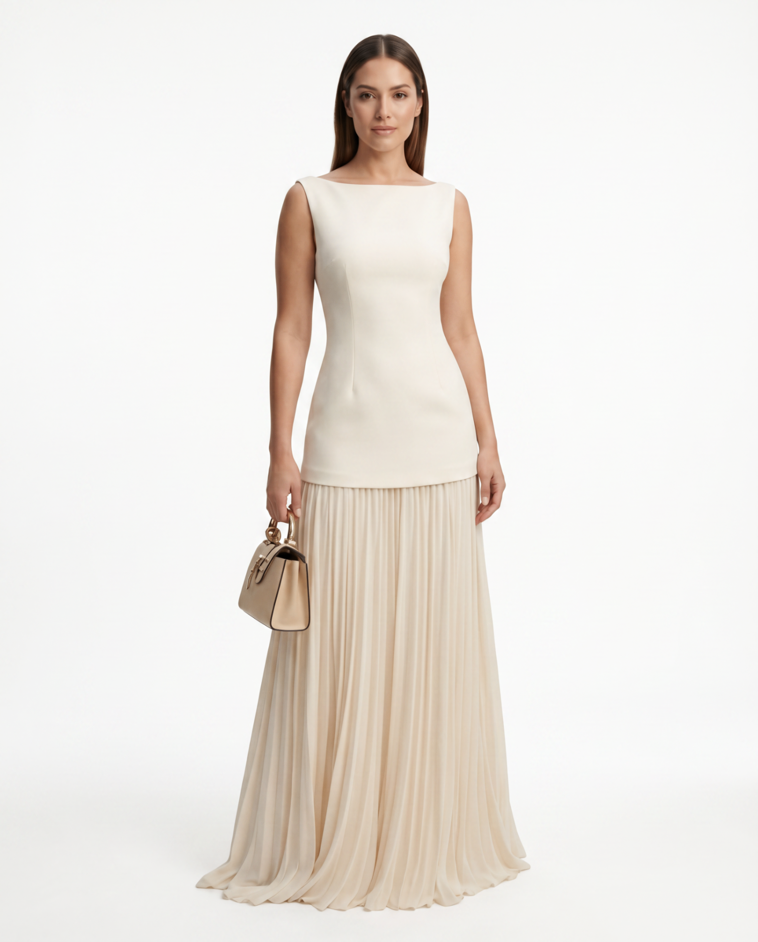 MARIA | BOAT-NECK PLEATED MAXI DRESS